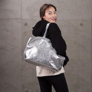 Große offene Leder-Einkaufstasche, Metallic-Einkaufstasche mit innerer Reißverschluss-Stoff-Clutch, stilvolle Schultertasche für Frauen, italienische Lederhandtasche