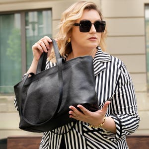 Cabas en cuir noir, grand sac à bandoulière, sac shopping en cuir, sac fourre-tout en cuir noir, sac de week-end pour femme, sac de voyage en cuir
