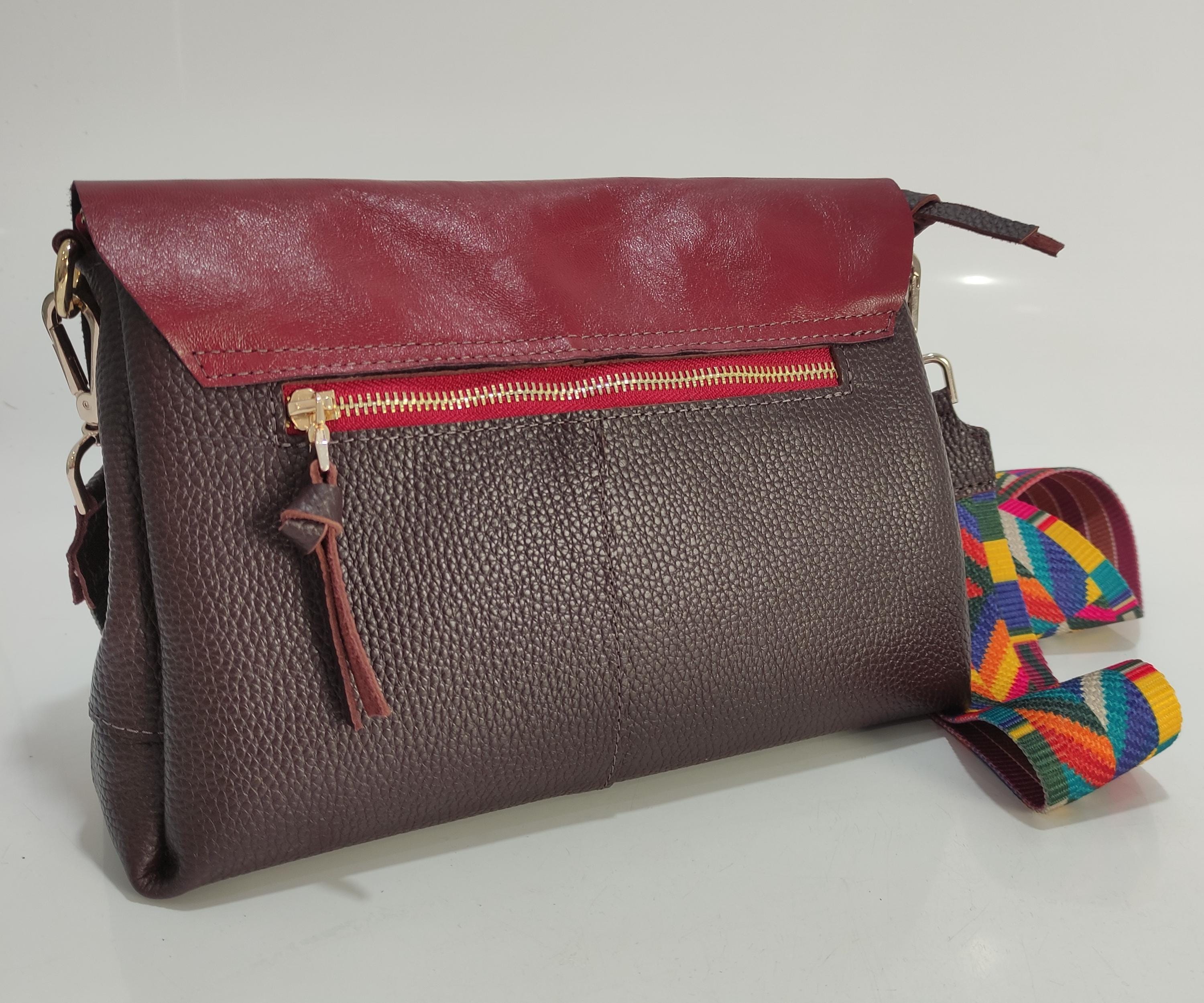 Umhängetasche aus weinrotem Leder, echte Ledertasche mit