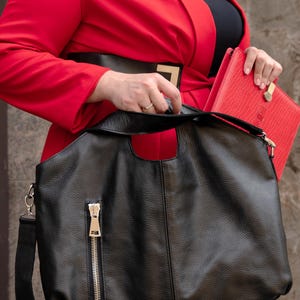 Large Leather Tote Bag, Genuine Leather Bag, Work Bag for Women, Laptop Tote, Oversized Shoulder Bag, Black Purse, Handmade Zippered Tote