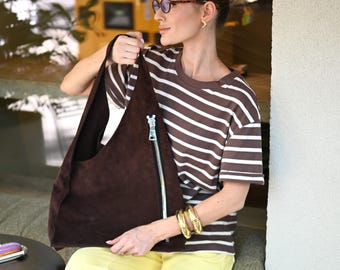 Brown Suede Bag, Hobo Shoulder Bag, Slouchy Suede Purse, Oversized Soft Tote Bag, Shoulder Bag with Zipper, Christmas Gift for Mom