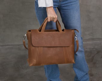 Top Grain Leather Bag, Messenger Bag for Women, Cognac Leather Tote, Handmade Laptop Bag, Christmas Gift for Her, Leather Documents Bag