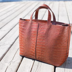 Embossed Leather Handbag, Brown Leather Tote Bag, Genuine Leather Crocodile Style Bag, Business Lady Bag, Anniversary Gift for Her