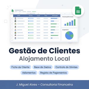 Pode incluir: Uma interface de planilha digital com tabelas de dados, gráficos e diagramas. O título "Gestão de Clientes Alojamento Local" é exibido em texto azul escuro. O texto adicional inclui "Ficha de Cliente" e "Base de Dados."