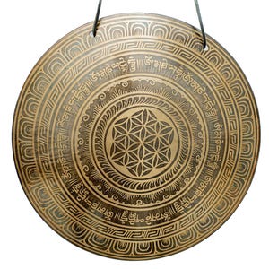 Handmade Tibetan Gong: Flower of Life, Mantra Carved, Meditation Gong
