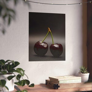Cherry Art Vertical Matte Poster | Minimalist Fruit Wall Decor, Kitchen Art Print, Modern Home Aesthetic, Gift for Art Lovers