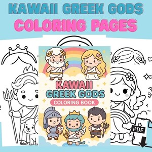 Può includere: Una raccolta di pagine da colorare e un libro da colorare intitolato "KAWAII GREEK GODS". La copertina del libro presenta illustrazioni di cartoni animati di dei greci con uno sfondo arcobaleno. Le pagine da colorare sono disegni a tratteggio in bianco e nero di dei greci.