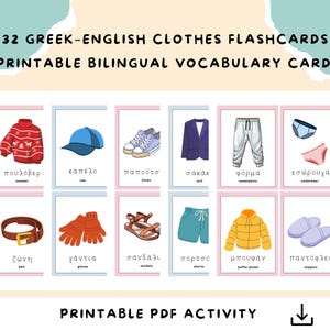 32 Greek Clothes Flashcards (Greek–English) | Printable PDF for Kids & ESL/EFL | Κάρτες Ρούχων στα Ελληνικά–Αγγλικά (32)