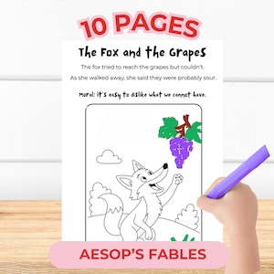 Op de afbeelding: Een kleurplaat uit de fabels van Aesopus, met het verhaal "De vos en de druiven". De illustratie toont een vos die naar druiven reikt. De tekst bevat de titel, een samenvatting en de moraal. De woorden "10 PAGES" en "AESOP'S FABLES" zijn ook zichtbaar.