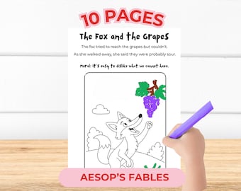 May include: A coloring book page from Aesop's Fables, featuring the story of "The Fox and the Grapes." The illustration shows a fox reaching for grapes. Text includes the title, story summary, and moral. The words "10 PAGES" and "AESOP'S FABLES" are also visible.