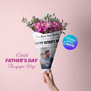 Father’s Day Newspaper Flower Wrap Template 2025, Gift for Him, Printable Bouquet Wrap, DIY Grandpa Gift, First Father’s Day, Canva Template