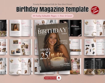 Plantilla de revista de cumpleaños para mejor amiga, regalo de cumpleaños personalizado editable en Canva, estilo editorial / Descarga digital de más de 30 páginas