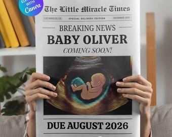 Krantsjabloon zwangerschapsaankondiging, bewerkbare Canva Baby Reveal (digitale download)