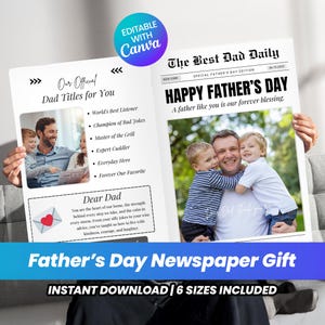Vaderdagkrant 2025, bewerkbaar canvacadeau voor papa, doe-het-zelfcadeauverpakking en afdrukbare kaart van kinderen of echtgenoot, digitale download