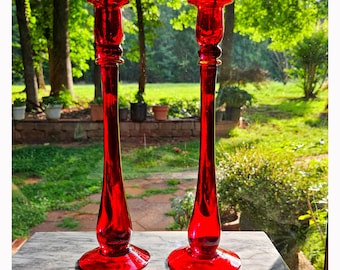 Vintage Mid Century Modern Italian Murano Glass Candlesticks, Ruby Red Art Glass Candle Holders, Very Rare, Hand Blown, Cadmium Glow