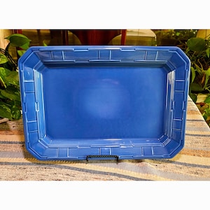 Vintage Longaberger Pottery Woven Traditions Rectangular Serving Platter, Cornflower Blue Ceramic Tray 13x9
