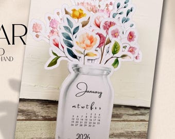 Calendario 2026, Calendario de flores imprimible, Calendario de escritorio, Mini calendario de escritorio