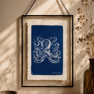 May include: A rectangular black metal frame holds a piece of textured off-white paper with a deep blue ink print of an octopus. The print features intricate white details of the creature and the text SSC-02 / Fig. 05 in the bottom right corner.