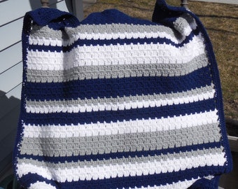 blanket blue navy blue light blue white afghan lovey take me along blanket perfect for car seat ready to ship super soft