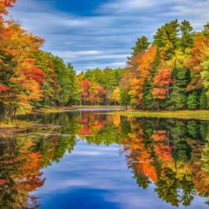 May include: A calm lake reflects a dense forest during autumn, featuring vibrant foliage in shades of red, orange, yellow, and green. The trees line both sides of the water under a blue sky with wispy clouds, creating a symmetrical mirror image.