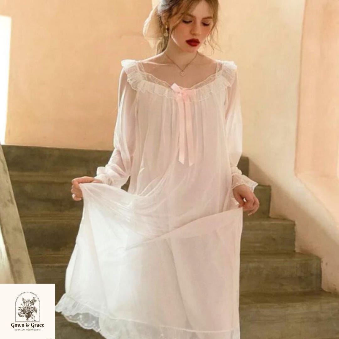 Shymay Women's Victorian Cotton Nightgown - Vintage Lace Ruffle Sleepshirt, Princess Nightdress