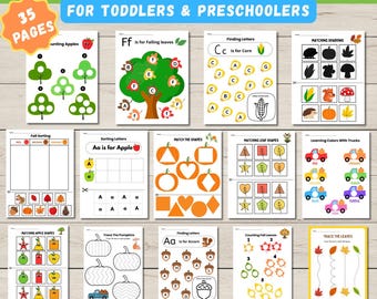 May include: A collection of 12 colorful printable fall learning activities for toddlers and preschoolers. The pages feature various educational games, including matching shapes, counting, and letter recognition, with autumn-themed illustrations.