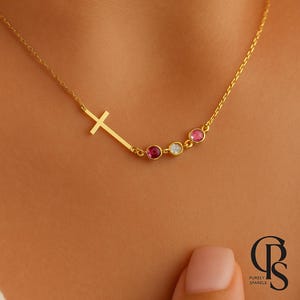 Personalized Birthstone Cross Necklace, Custom Family Birthstone Pendant, Christian Jewelry Gift for Mom, Baptism Gift, Gift for Women