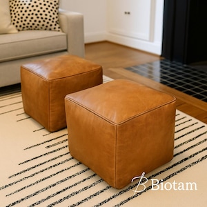 Könnte beinhalten: Zwei quadratische, hellbraune Lederhocker. Die Hocker stehen auf einem cremefarbenen Teppich mit schwarzen Streifen. Im Hintergrund befindet sich ein hellgraues Sofa mit einem gemusterten Kissen.