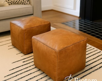 2er-Set Wunderschöner quadratischer Ottomanen-Pouf aus marokkanischem Leder | quadratischer Ottomanen-Pouf | hellbrauner handgefertigter Fußhocker, quadratischer Pouf aus marokkanischem Leder (ungefüllt)