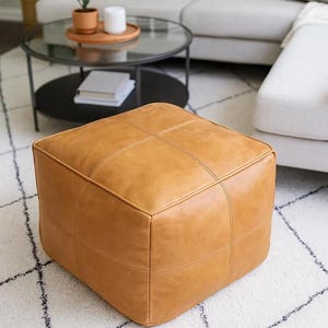 Square Moroccan Leather Pouf – Handmade Brown Ottoman, Genuine Leather Footstool, Modern Boho Home Decor by Biotam