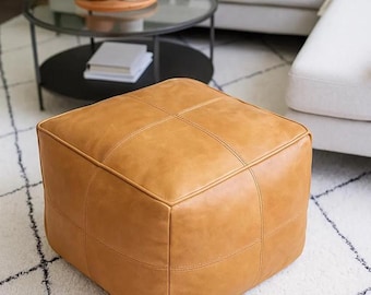 Square Moroccan Leather Pouf – Handmade Brown Ottoman, Genuine Leather Footstool, Modern Boho Home Decor by Biotam