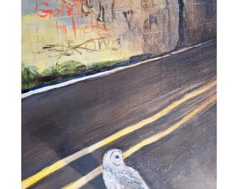 Owl on urban street with graffiti, oil on wood panel PRINT
