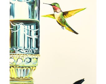 Hummingbirds at feeder: PRINT of original oil on clay board