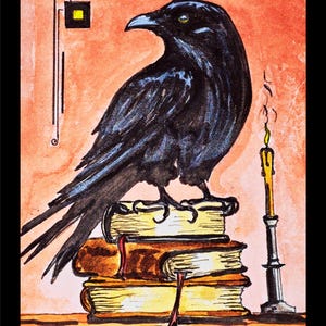 May include: A black raven perched on a stack of three books with a lit candle beside it. The raven has a yellow eye and is set against a peach-colored background.