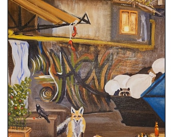 Urban Animals at the BBQ -- PRINT of original oil on canvas