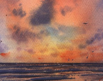 オレンジ色の夕日の壁アートプリント ビーチ 海岸 海 海洋 カラフルな