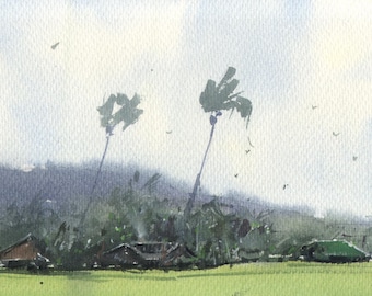 Hawaii Coastal Watercolor Landscape Painting - Tropical Wall Art