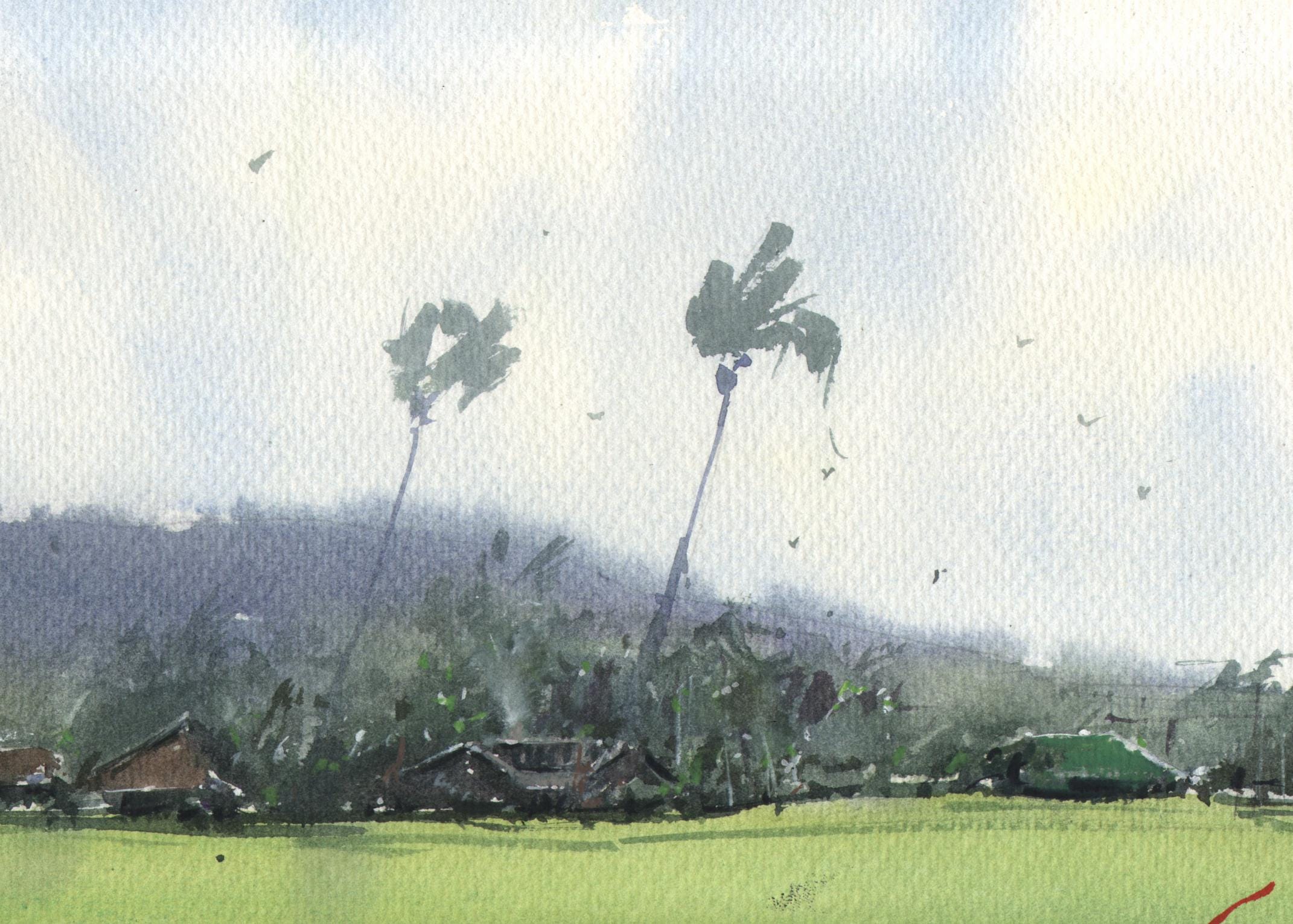 ハワイ沿岸の水彩風景画アートプリント - トロピカルヤシの木の絵画