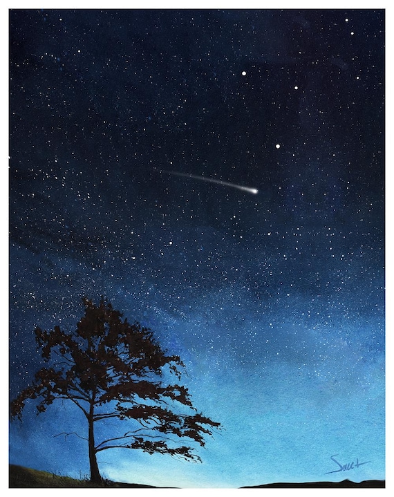 20万円になりました。流れ星「絵画」原画A4サイズ 流星＊絵画 原画 風景画 冬 オーロラ 流れ星 星座 天の川の通販 by