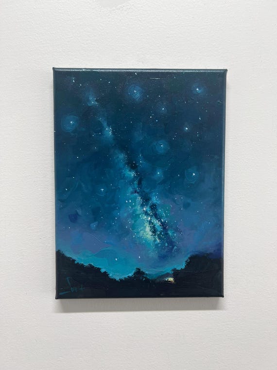 オリジナル油絵 夜空の風景 - 天の川と星、星空の夜の壁掛けアート