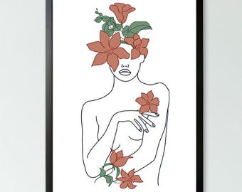 Minimalist Woman Line Art Print: Boho Floral Illustration (Digital Download)