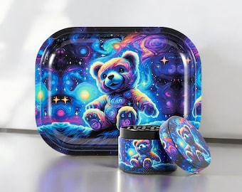 Cute Grinder & Rolling Tray Set – 4-Piece Grinder + Matching Tray – Spice Accessory Kit – Grinder Set