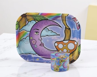 Rolling Tray & Grinder Set Moon - Rolling Tray Gift Idea, Boho Accessories, 50mm Size, Purple Metal