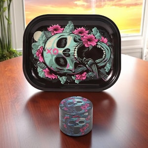Skull Flower Grinder Rolling Tray Set - Gift for Smokers, Birthday Present Idea, 50MM Grinder, Black Metal