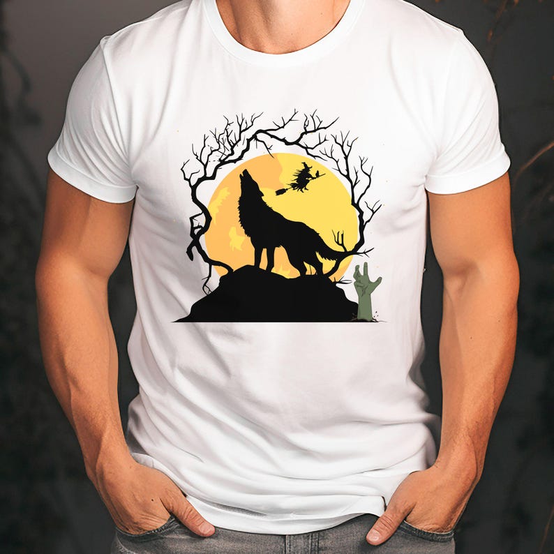 Halloween Moon Wolf Graphic Tee – Unisex Fall Fashion Shirt – Perfect for Spooky Season and Wolf Lovers image 2