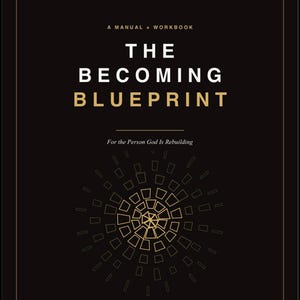 May include: A black book cover titled The Becoming Blueprint: A Manual + Workbook. The text is in white and gold, with the subtitle For the Person God Is Rebuilding. A gold geometric sunburst design sits below the text, and The Alignment Company is at the bottom.