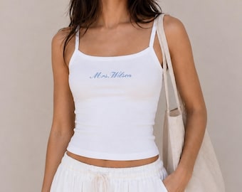 Embroidered Mrs. Cotton Tank Top, Personalized Bachelorette Y2K Shirt, Bridal Getting Ready Outfit, Bride To Be Gift, New Last Name Gifts