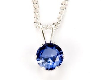 Blue Sapphire Sterling Silver Pendant Necklace, 6mm September Birthstone