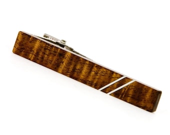 Koa Wood Silver Inlay Tie Bar, Hawaiian Jewelry Gift