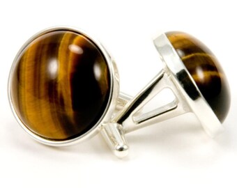 Tiger Eye Sterling Silver Cufflinks, 18th Anniversary Gift for Him